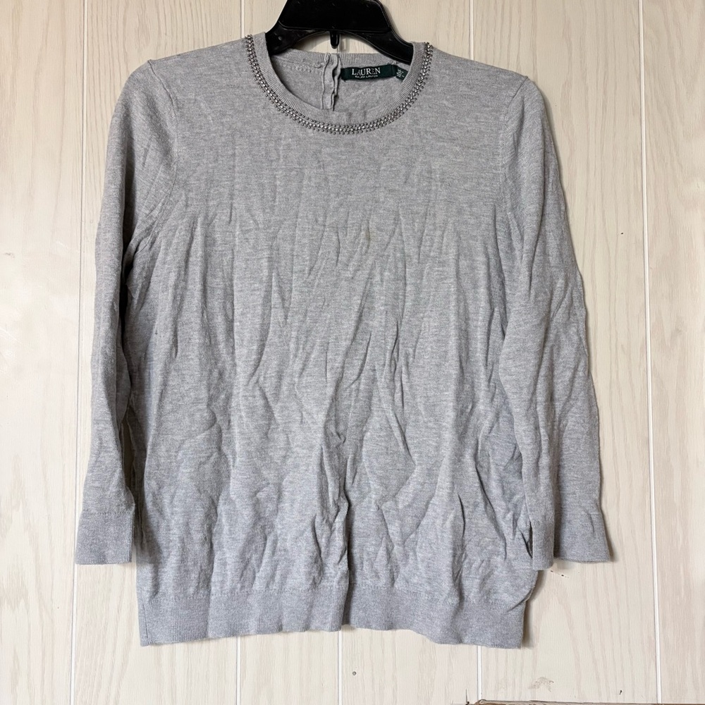 Ralph Lauren Women’s Bedazzled Neckline 3/4 Sleeve Sweater Size Large